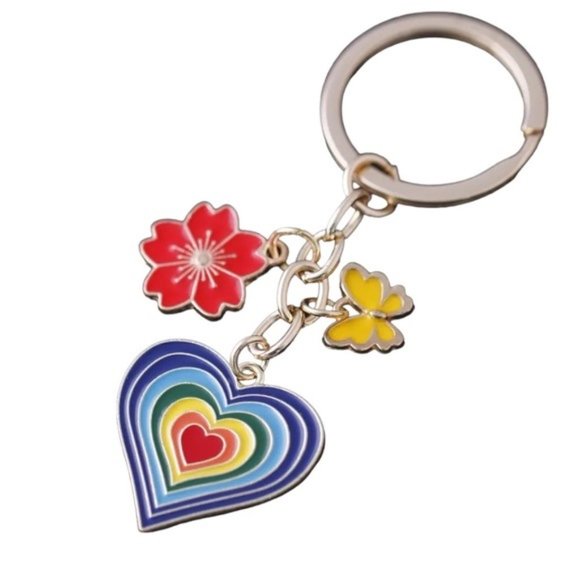 New Enameled Flower Butterfly Gold Tone Rainbow Heart Bag Charm Keychain - Picture 1 of 3